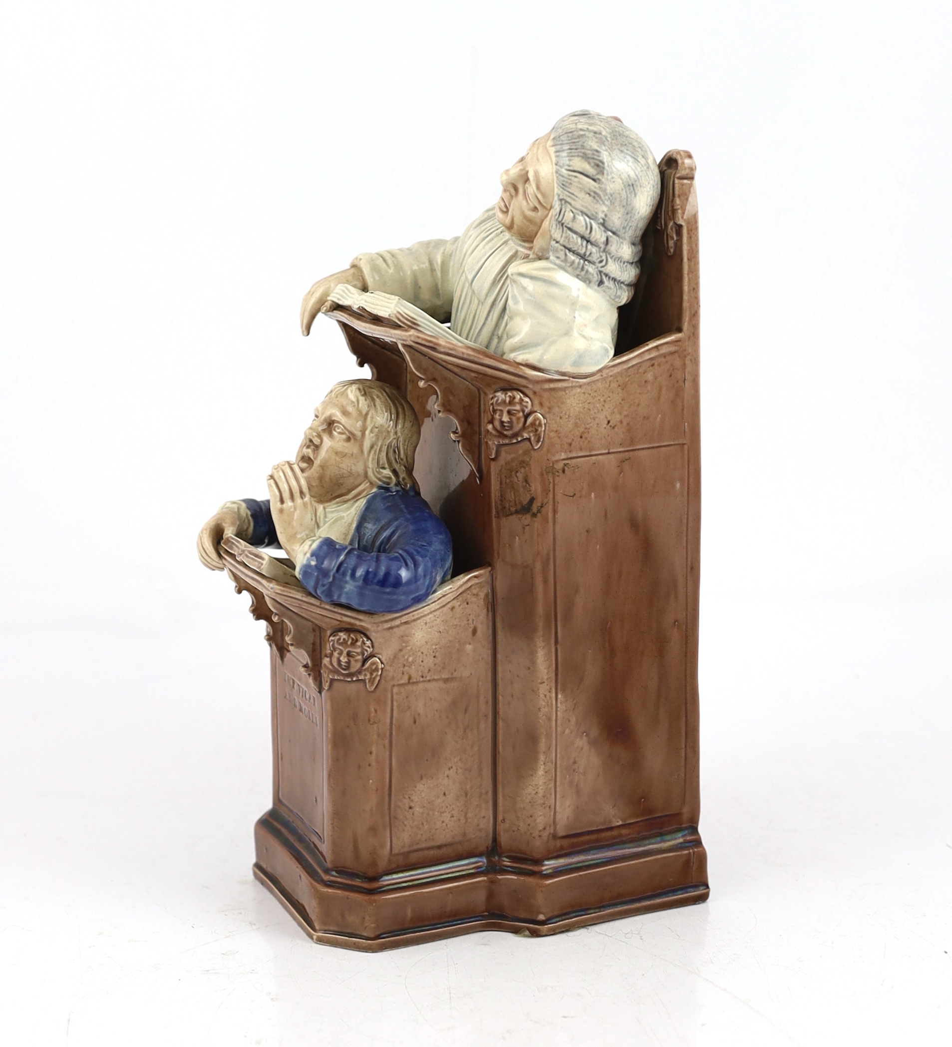 A Ralph Wood type creamware Vicar and Moses group, c.1790, hairline crack to back of pulpit